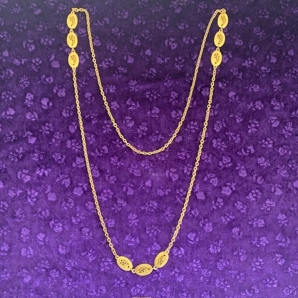 Long Gold Tone Necklace with Oval Filigree Accent - Picture 3 of 5